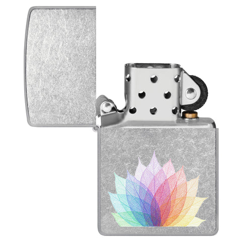 Abstract Leaf Design Windproof Lighter with its lid open and unlit.