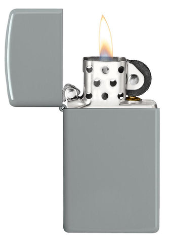 Slim® Flat Grey Windproof Lighter with its lid open and lit.