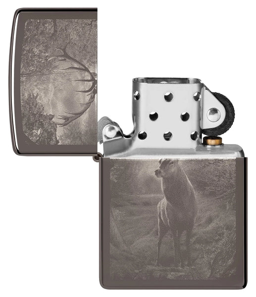 Zippo Deer Design Windproof Lighter with its lid open and unlit.