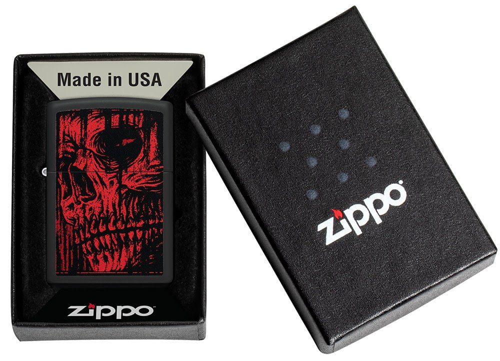 Red Skull Design Black Matte Windproof Lighter in its packaging.