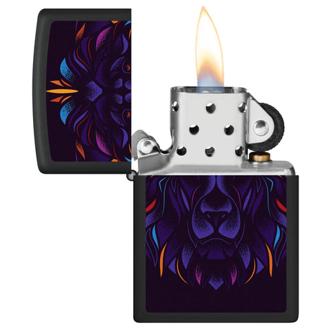 Lion Design Windproof Lighter with its lid open and lit.