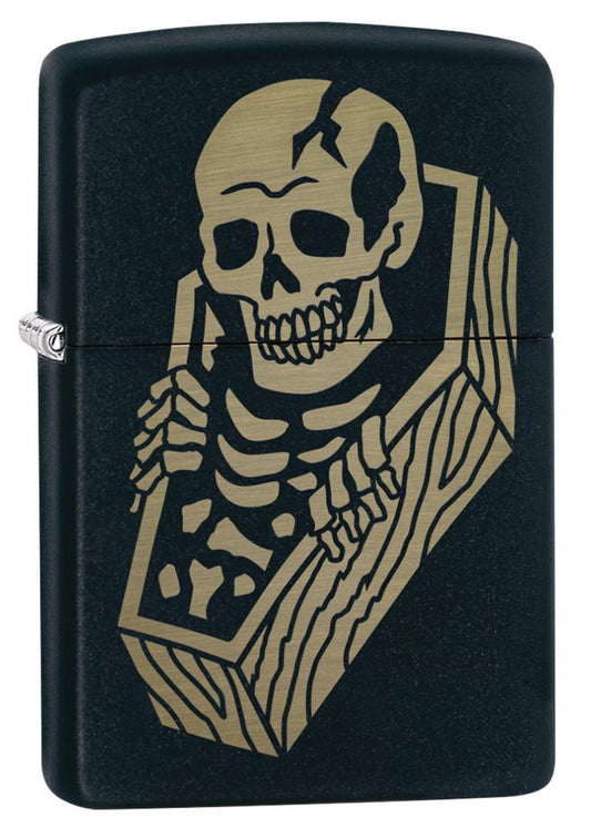 Front shot of Skeleton Coffin Design Black Matte Windproof Lighter standing at a 3/4 angle