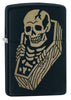 Front shot of Skeleton Coffin Design Black Matte Windproof Lighter standing at a 3/4 angle