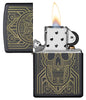 Art Deco Skull Black Matte Windproof Lighter with its lid open and lit