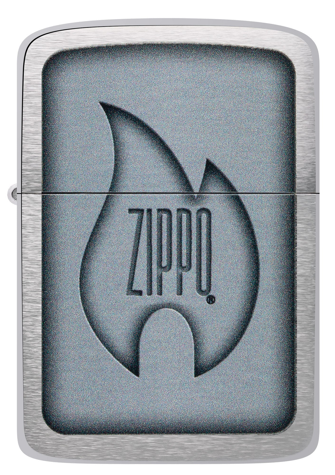 Front shot of Zippo Logo Flame Design 1941 Replica Brushed Chrome Windproof Lighter.