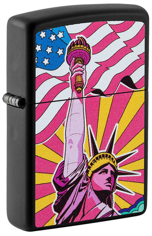 Front shot of Lady Liberty Design Black Matte Windproof Lighter standing at a 3/4 angle.