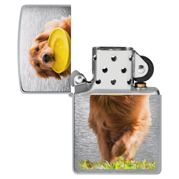 Golden Retriever Design Windproof Lighter lit in hand.