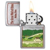 Great Wall of China Design Windproof Lighter with its lid open and lit.
