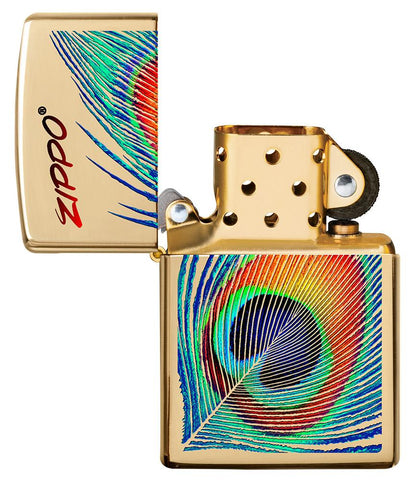 Peacock Feather Design Windproof Pocket Lighter with its lid open and unlit.