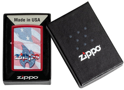 Zippo Flag Design Candy Apple Red Windproof Lighter in its packaging.