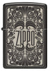 Front shot of Zippo Logo Filigree Design High Polish Black Windproof Lighter.