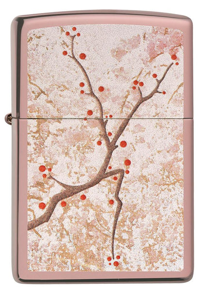 Front shot of Eastern Design Cherry Blossom High Polish Rose Gold Windproof Lighter.