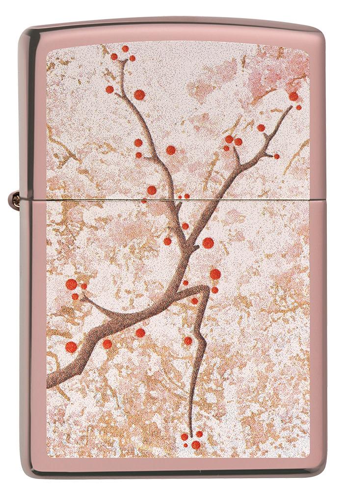 Front shot of Eastern Design Cherry Blossom High Polish Rose Gold Windproof Lighter.