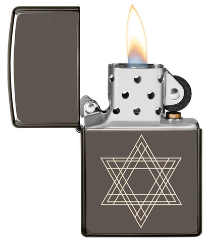 Star of David Design Black Ice® Windproof Lighter with its lid open and lit.