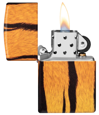 Tiger Print Designs 540 Color Windproof Lighter with its lid open and lit.