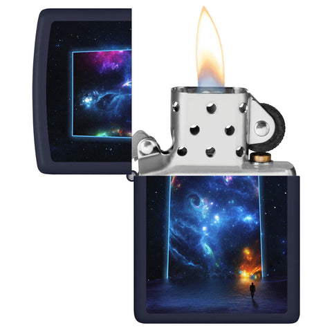 Galaxy Abstract Design Windproof Lighter with its lid open and lit.