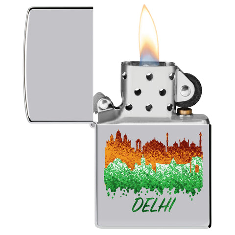 Delhi Skyline Design Windproof Lighter with its lid open and lit.