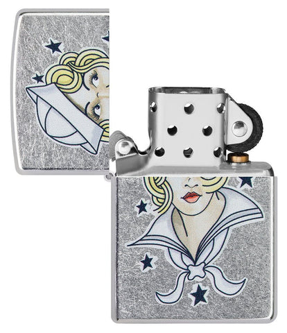 Sailor Girl Tattoo Design Street Chrome™ Windproof Lighter with its lid open and unlit.