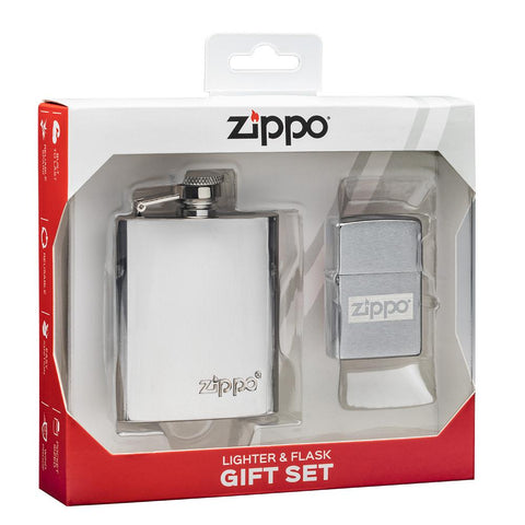 Zippo Flask & Lighter Gift Set standing at a 3/4 angle