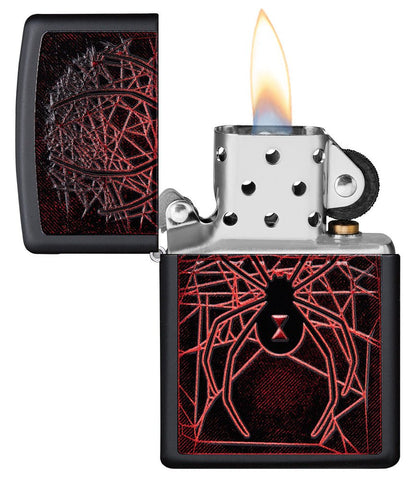 Spider Design Texture Print Black Matte Windproof Lighter with its lid open and lit.