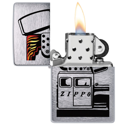 Zippo Car Design Windproof Lighter with its lid open and lit.