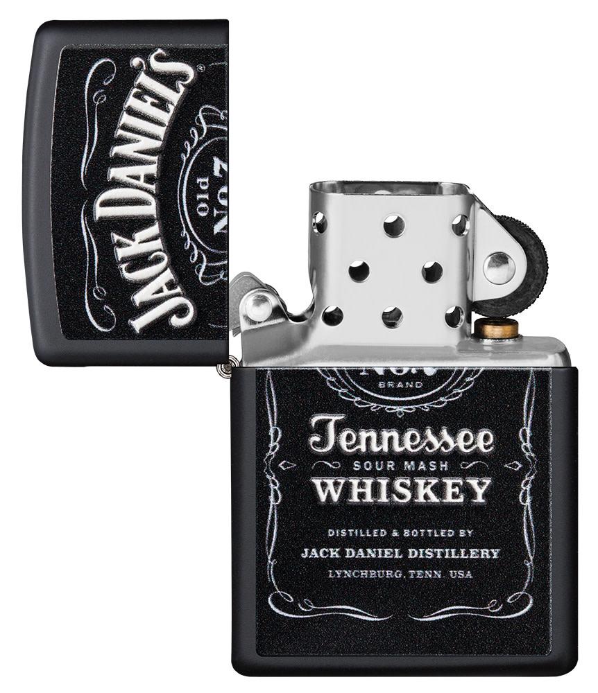 Jack Daniel's® Texture Print Black Matte Windproof Lighter with its lid open and unlit