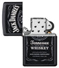Jack Daniel's® Texture Print Black Matte Windproof Lighter with its lid open and unlit