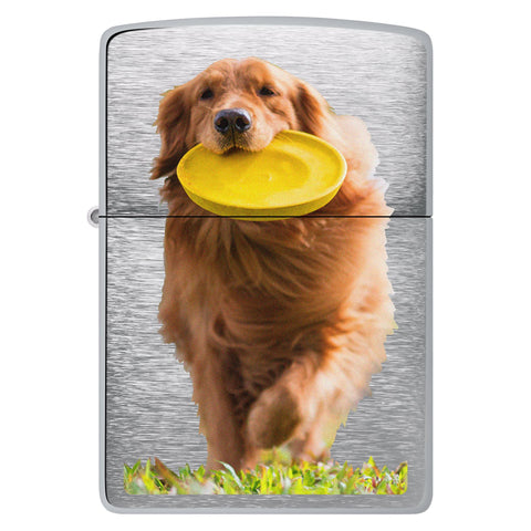 Golden Retriever Design Windproof Lighter with its lid open and lit.