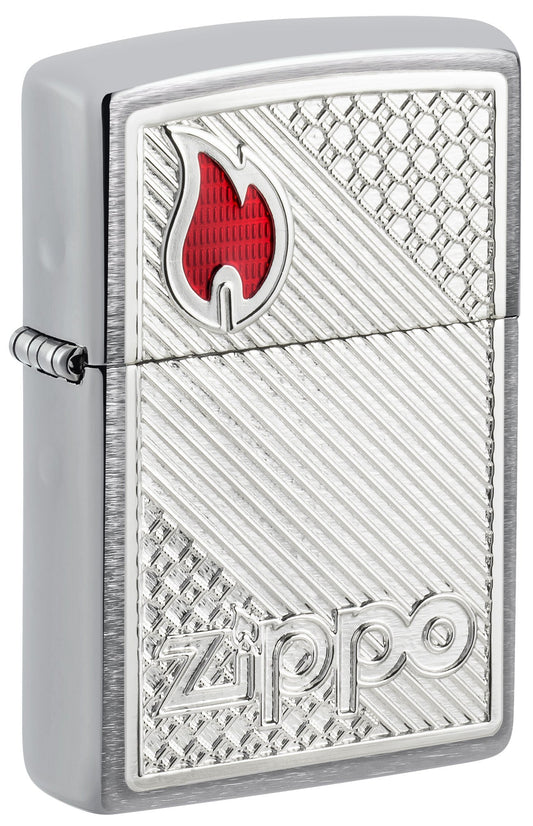 Front shot of Zippo Tiles Emblem Design Brushed Chrome Windproof Lighter standing at a 3/4 angle