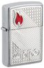 Front shot of Zippo Tiles Emblem Design Brushed Chrome Windproof Lighter standing at a 3/4 angle