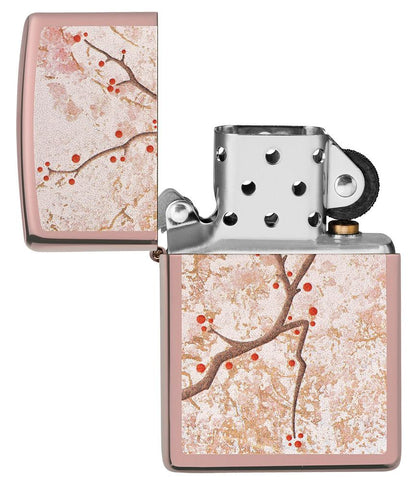 Eastern Design Cherry Blossom High Polish Rose Gold Windproof Lighter with its lid open and unlit.
