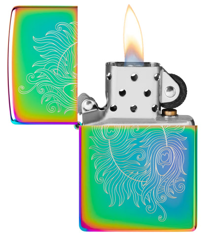 Laser Engraved Spiritual Design Multi Color Windproof Lighter with its lid open and lit.