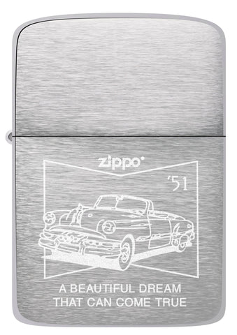 Front View of Zippo 50s Car 1941 Replica Brushed Chrome Design.
