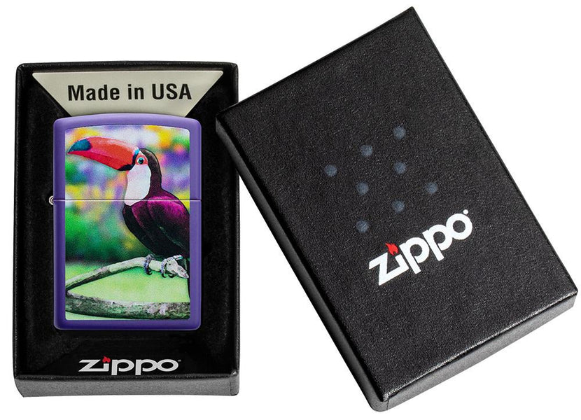 Toucan Design Purple Matte Windproof Lighter in its packaging