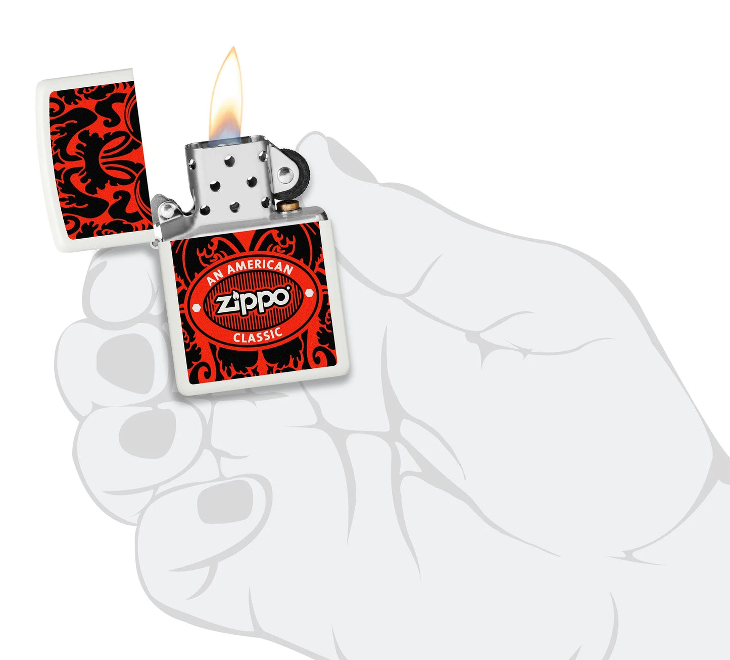 Zippo American Classic Windproof Lighter lit in hand.