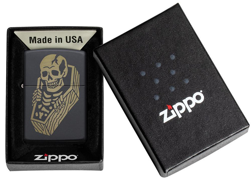 Skeleton Coffin Design Black Matte Windproof Lighter in its packaging