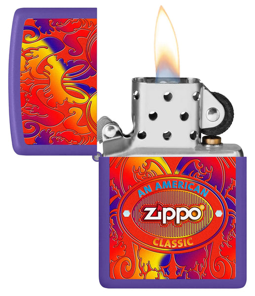 Zippo American Classic Windproof Lighter with its lid open and lit.