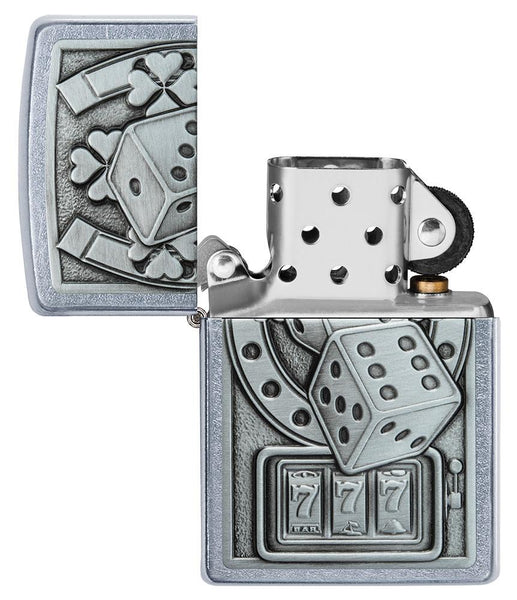 Lucky 7 Emblem Street Chrome™ Windproof Lighter with its lid open and unlit