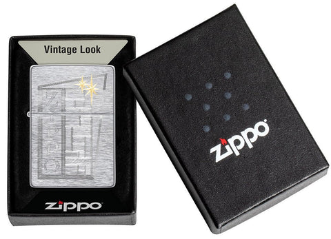 Retro Zippo Design Vintage Brushed Chrome Windproof Lighter in its packaging.