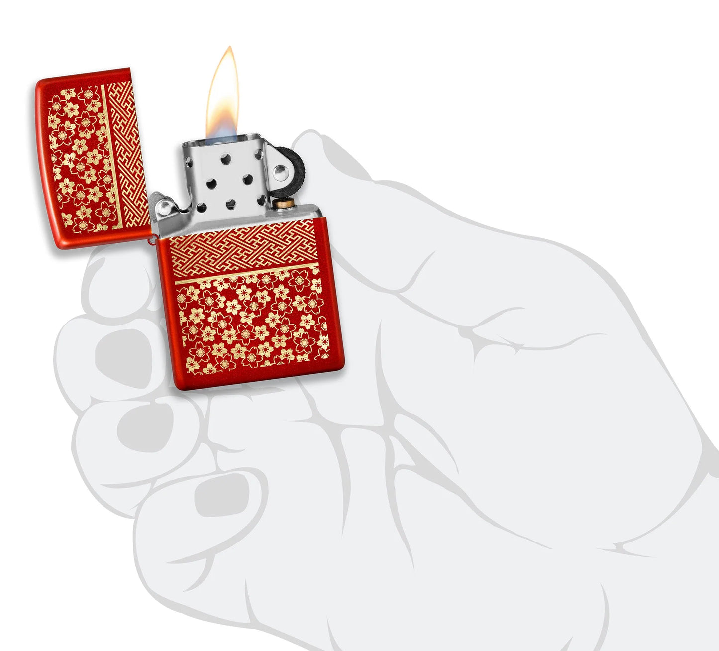 Zippo Kimono Inspired Design Windproof Lighter lit in hand.