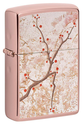 Front shot of Eastern Design Cherry Blossom High Polish Rose Gold Windproof Lighter standing at a 3/4 angle.