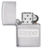 Brushed Chrome Zippo logo windproof lighter with its lid open and unlit