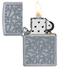 Geometric Pattern Design Windproof Pocket Lighter with its lid open and lit.