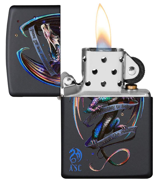 Anne Stokes Dragon Black Matte Windproof Lighter with its lid open and lit.