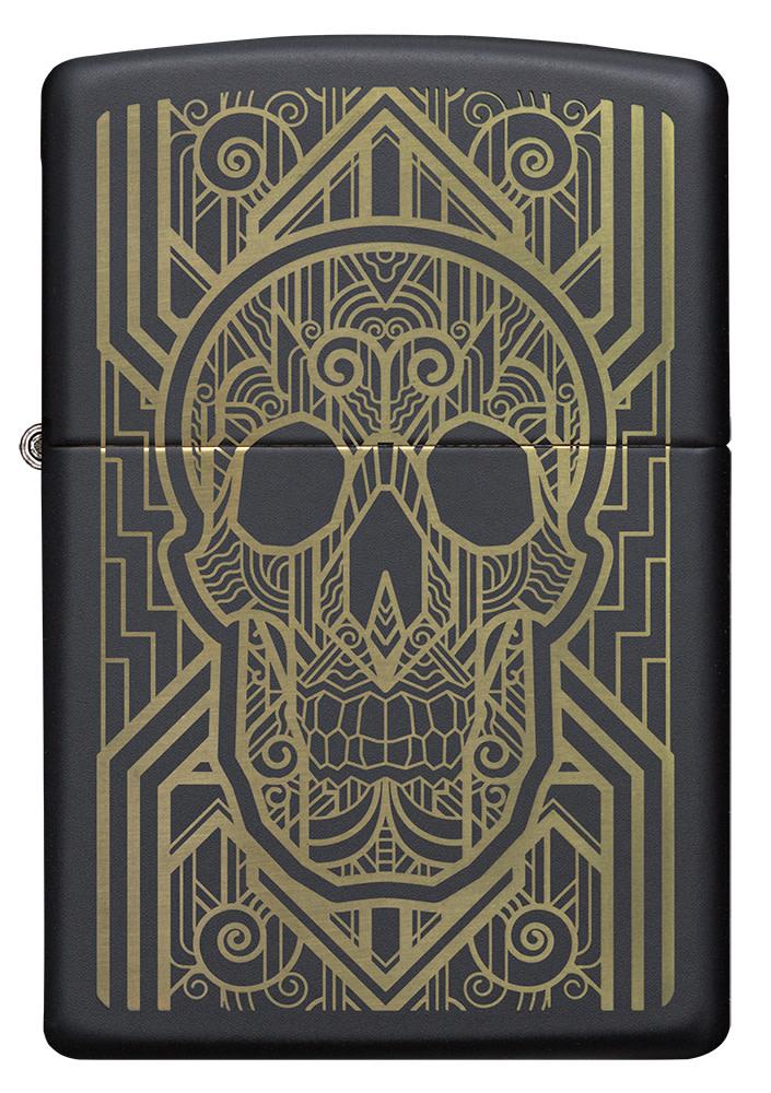 Front of Art Deco Skull Black Matte Windproof Lighter