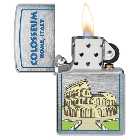 Colosseum Design Windproof Lighter with its lid open and lit.