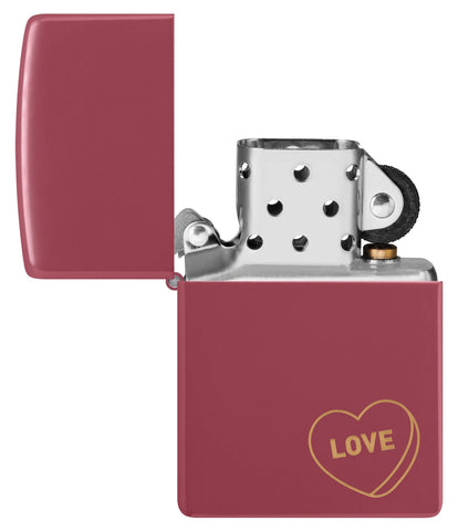 Zippo Love Design Windproof Lighter with its lid open and unlit.