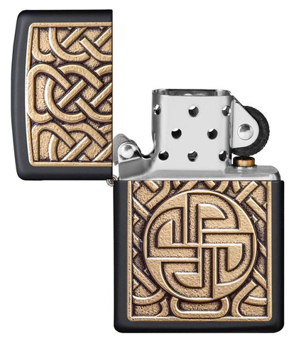 Norse Emblem Design Black Matte Windproof Lighter with tis lid open and unlit