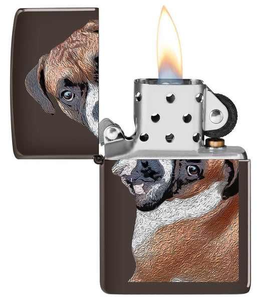 Boxer Dog Design Windproof Pocket Lighter with its lid open and lit.