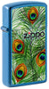 Front shot of Slim Peacock Feathers Design Windproof Pocket Lighter standing at a 3/4 angle.